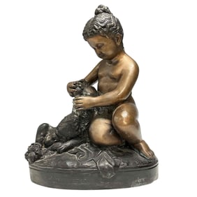 Bronze Sculpture of Young Girl With Dog after Giovanni Maria Benzoni