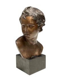 Bronze Bust of A Boy on Wood Pedestal