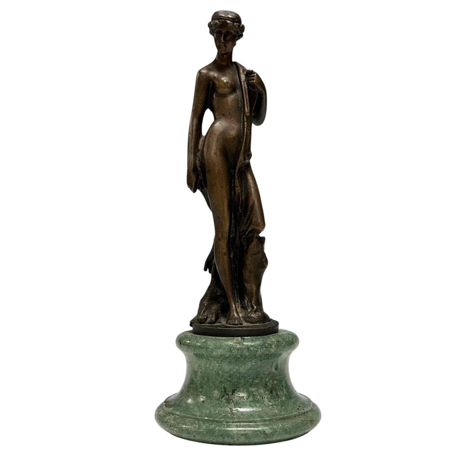 after Auguste Moreau Bronze on Marble Pedestal: Bronze cast after Auguste Moreau (1834 – 1917) a French Sculptor. Depicting a Standing elegant Nude Female seated on cylindrical green marble pedestal base. Measuring approx 9.5" tall. Good conditio