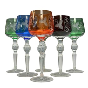 Six (6) Bohemian Cut Wine Glasses - Various Colors