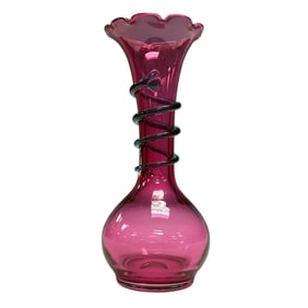 KRALIK Cranberry Art Glass Vase with Green Spiral