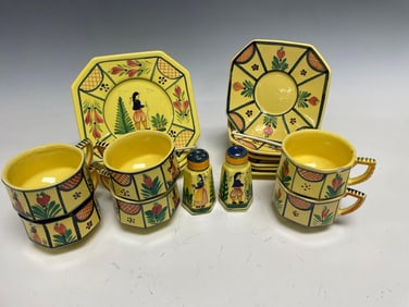 Seven (7) Quimper Cups and Saucers with Covered Sugar Bowl