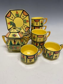 Six (6) Quimper Cups and Saucers with Three (3) Additional Plates and Matching Salt and Pepper