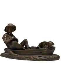 Drunken Man in Row Boat with Dog Bronze Sculpture