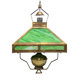 Arts and Crafts Green Slag Glass Hanging Oil Lamp Fixture