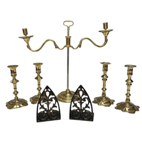Brass Candle Sticks and Bookends Group