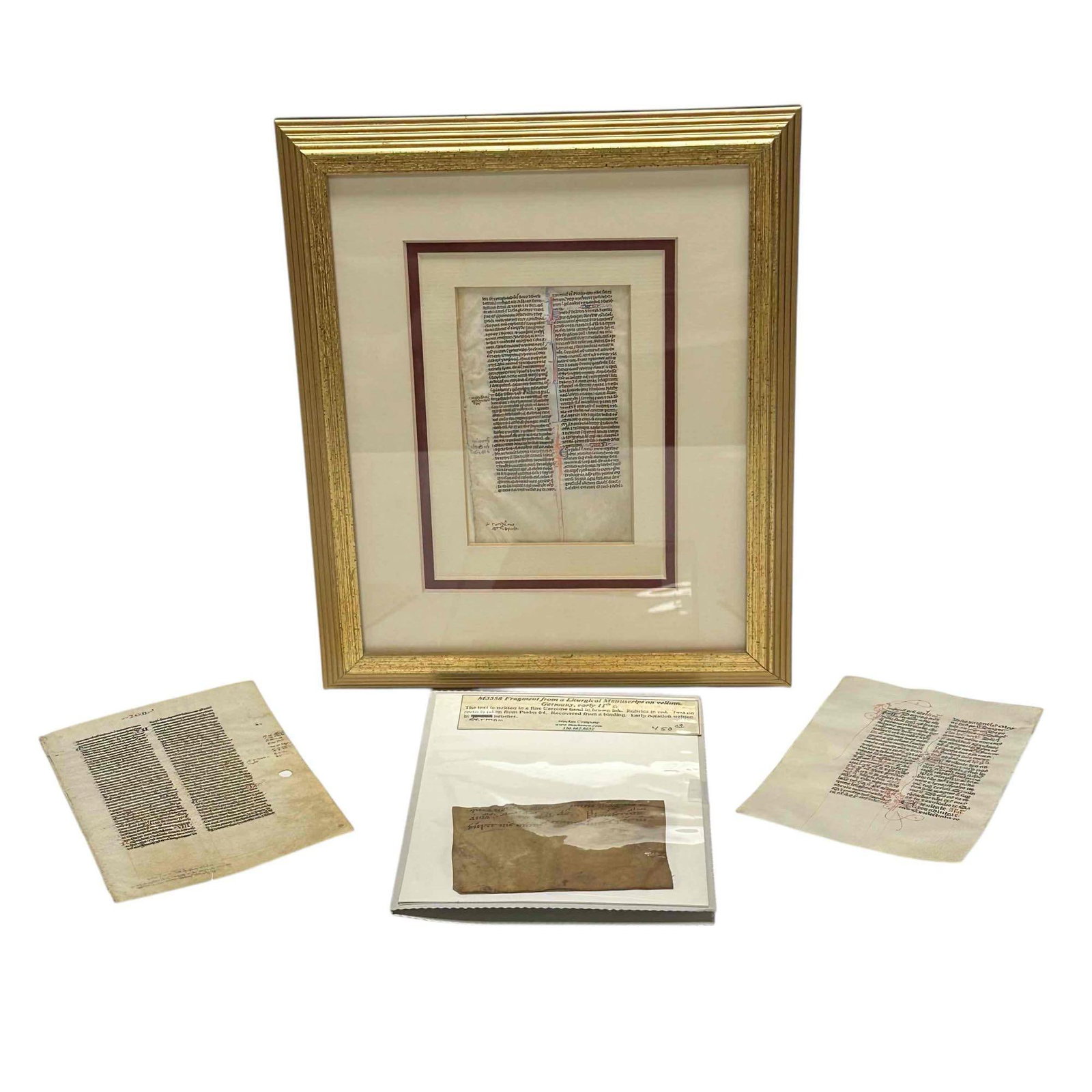 Group of Antique Manuscript and Fragments: Including Fragment from a Liturgical Manuscript on Vellum written in a fine Caroline brown ink taken from Psalm 64 measuring approx 3" h x 3.72" w Germany 11th century Vellum original leaf 5.75" h x 4