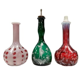 Three Antique Art Glass Barber Bottles