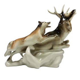 Royal Dux Porcelain Stag and Dog