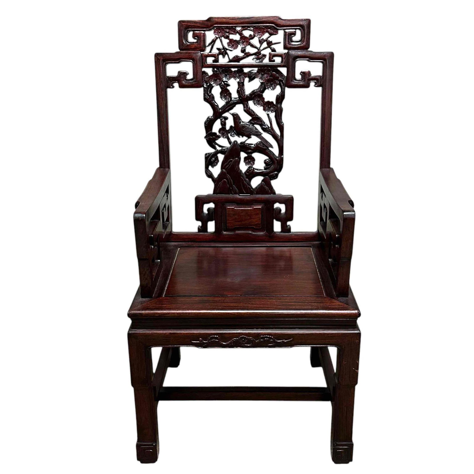 Carved Rosewood Arm Chair: 20th century carved rosewood arm chair. Measuring approx 22L x 18.5D x 44H // 18W x 17D x 18H (Seat). Light use and wear, overall good condition as shown.