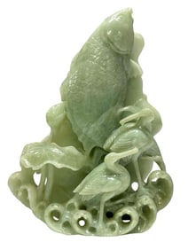 Carved Celadon Fish and Crane Sculpture