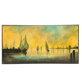 20th Century Harbor Coastal Scene Oil on Canvas