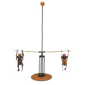 Early Mechanical Spinning Monkeys Tin Litho Toy