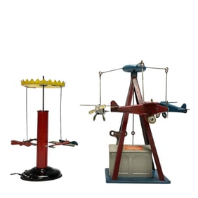 Two (2) Tin Litho Mechanical Aero Plane Carousels - CHEIN