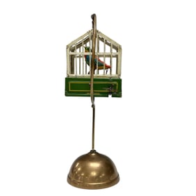 German Tin Litho Windup Bird Cage on Brass Stand