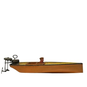 Rare Arnold Tin Wind Up Toy Boat  w Outboard Motor
