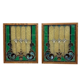 Pair of ART DECO Leaded and Stained Glass Window Panels