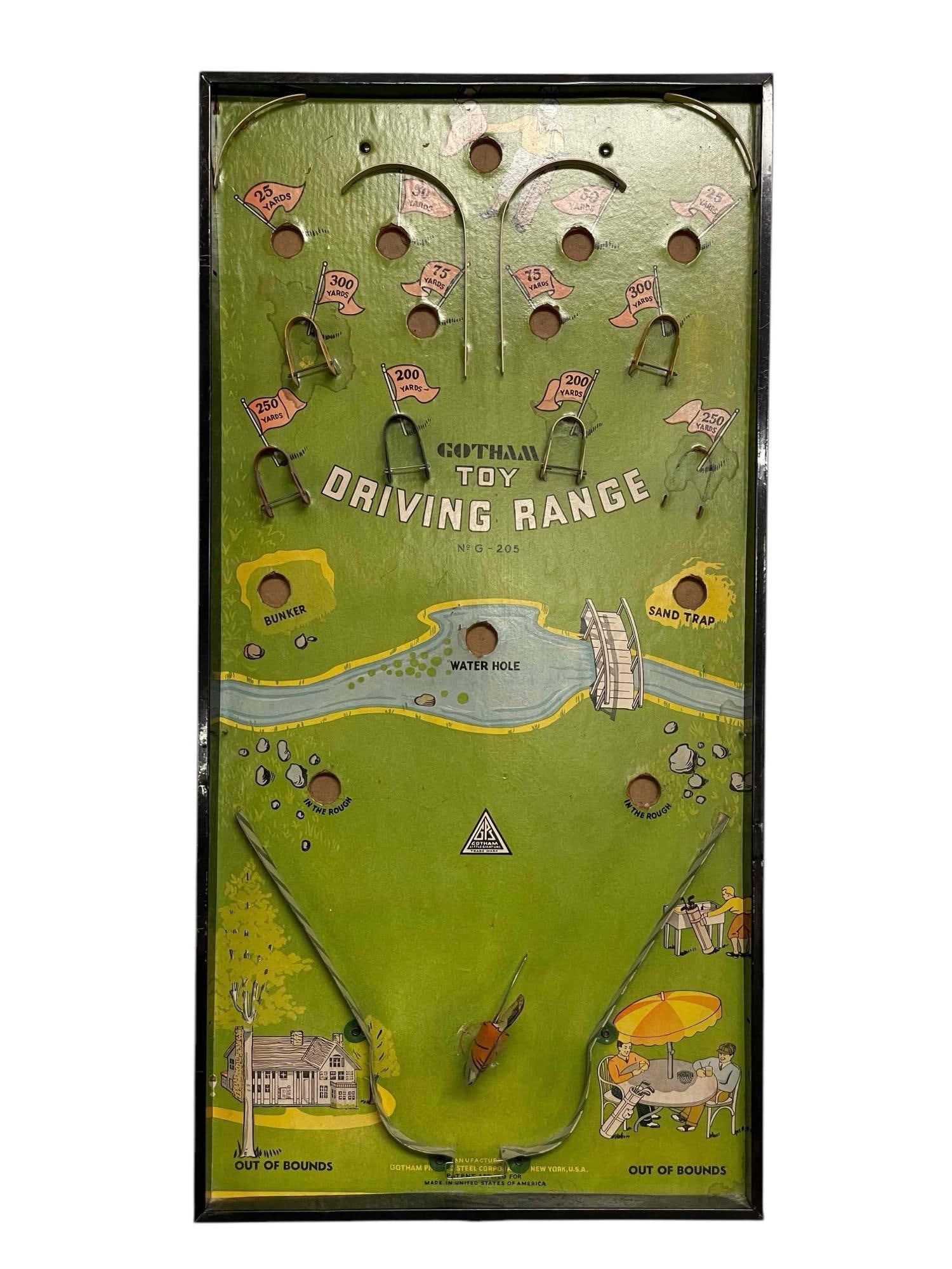 Gotham Toy Driving Range: This unique game does not work with a plunger, but with a little golfer driven by a knob. The knob is still functional and the golfer can still drive balls across the board. Some light staining on the