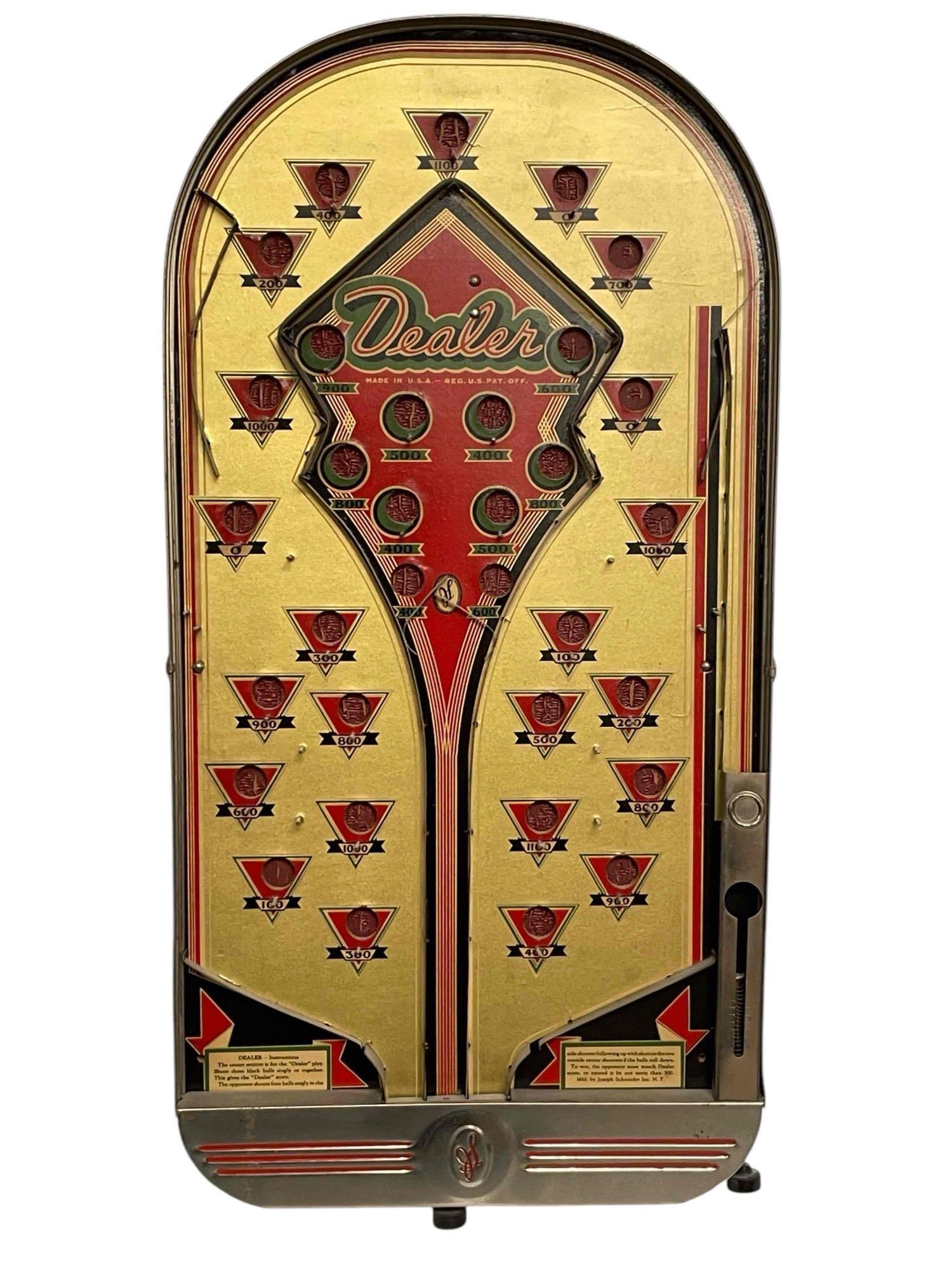 Joseph Schneider Bagatelle- "Dealer": A Joseph Schneider bagatelle pinball game where the object is to beat the dealer. This board is in good condition and appears to have all of its pins. The plungers are functional. The colors on the bo