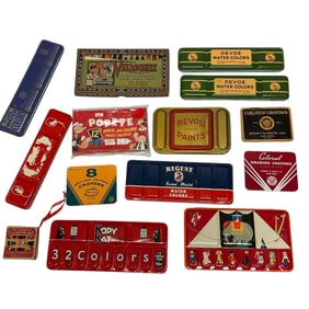 Collection of 14 Vintage Art Supplies, Kopy Kat Metal Paint Box