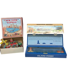 Group of Three Schylling Collector Series Tin Wind-Up Toys - Train Station, Island Ferry, New York
