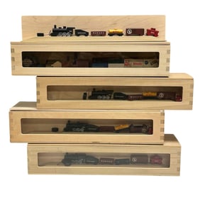 Miniature Wood Pull String Train Sets in Display Boxes