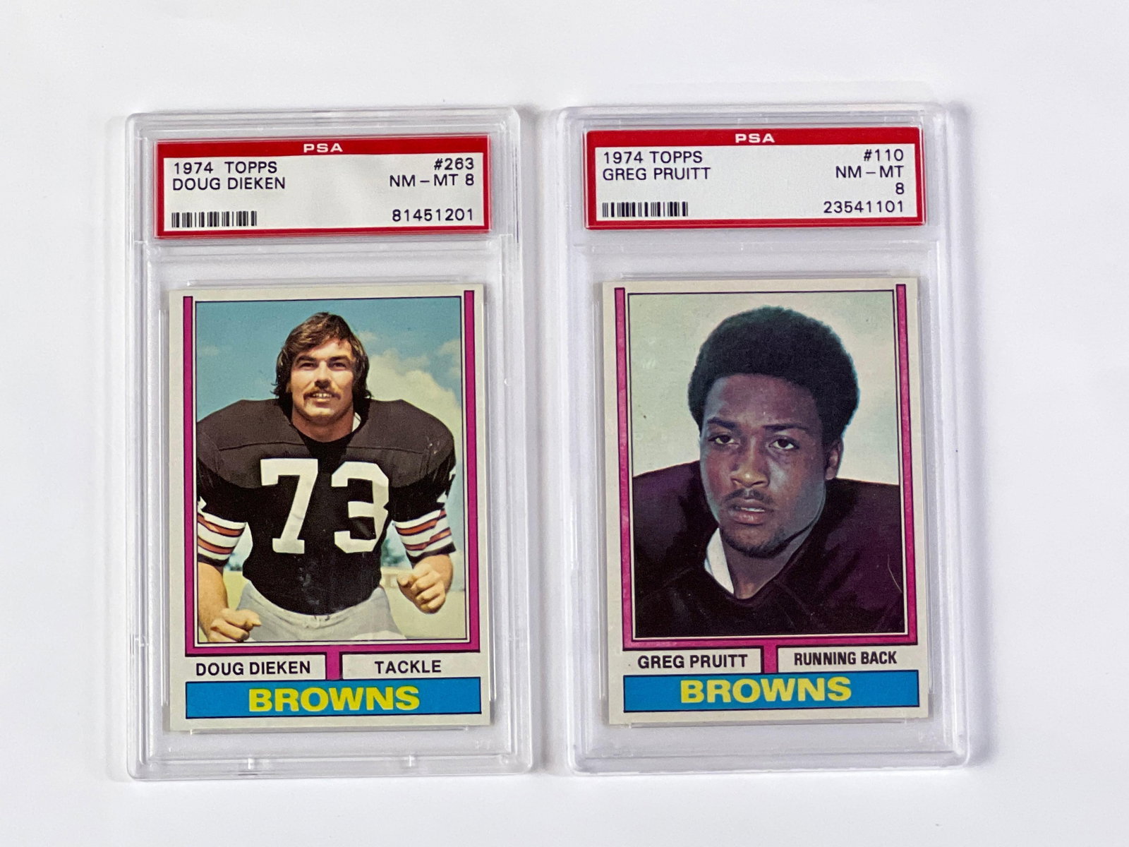 1974 Topps Greg Pruitt and Doug Dieken PSA 8 Cleveland Browns: Any condition statement is given as a courtesy to a client, is only an opinion and should not be treated as a statement of fact. Premier Auction Galleries LLC shall have no responsibility for any erro