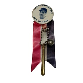 1948 Lou Boudreau Pinback with Ribbon, Bat and Baseball Cleveland Indians