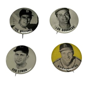 1950's Pinbacks of Ted Williams, Stan Musial, Bob Lemon and Lou Boudreau (4) Total