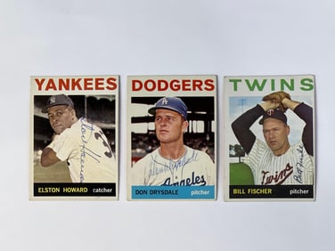 Signed 1964 Topps Don Drysdale, Elston Howard and Bill Fischer