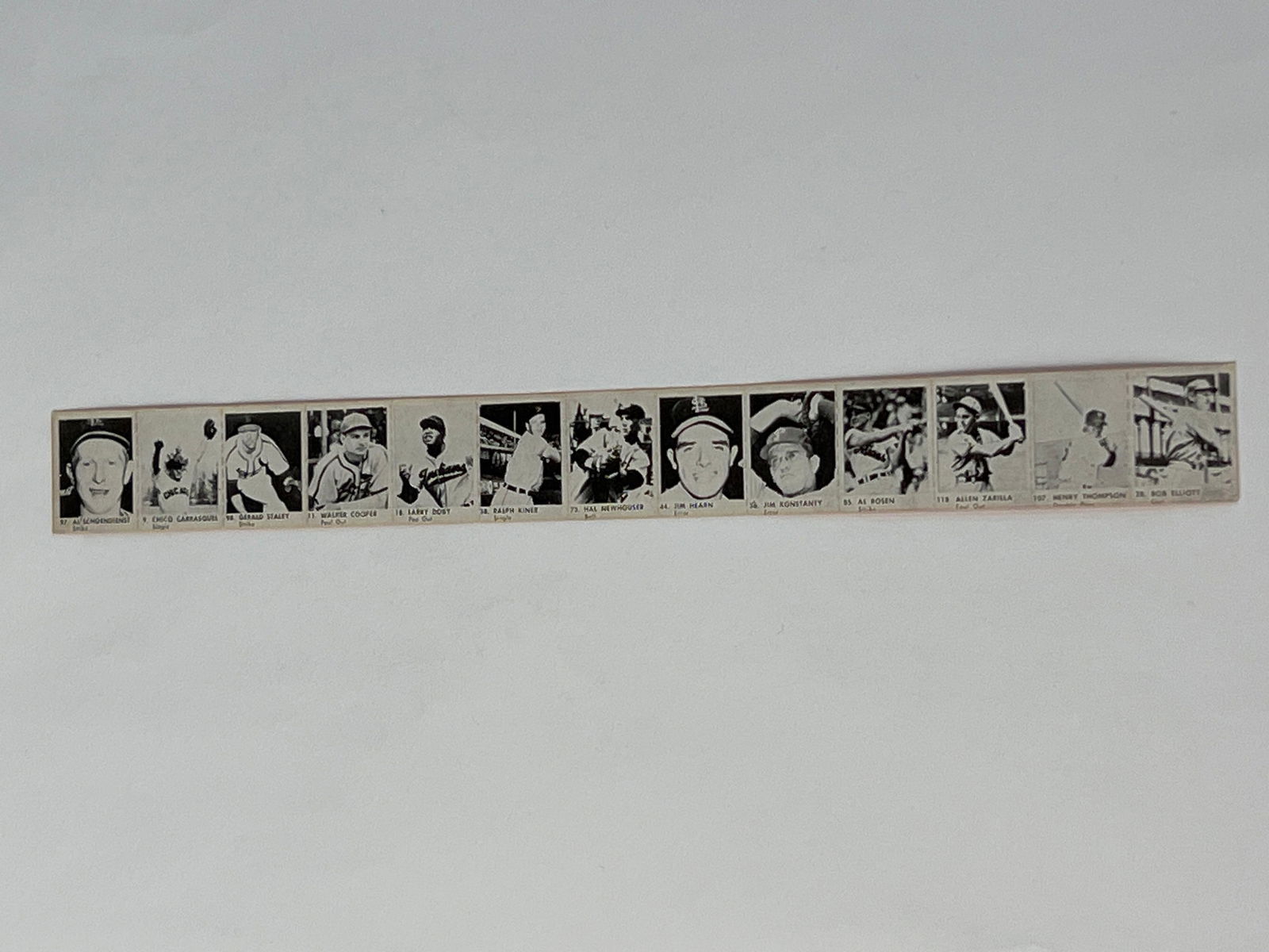 1950 R-423 Strip Card RARE Full Strip with Larry Doby, Kiner, Rosen, Elliott: Any condition statement is given as a courtesy to a client, is only an opinion and should not be treated as a statement of fact. Premier Auction Galleries LLC shall have no responsibility for any erro