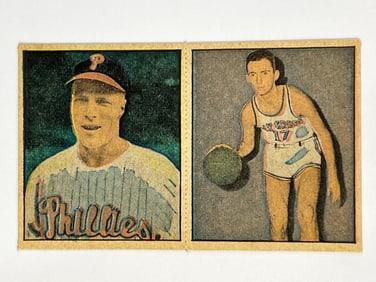 1951 Berk Ross Hit Parade of Champions Two Card Panel Rich Ashburn and Bob Cousy