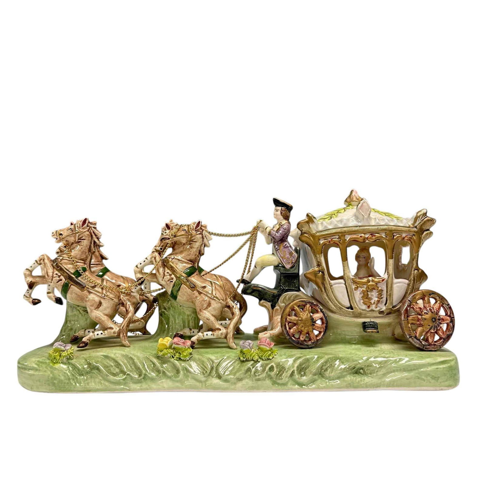 Italian Capodimonte Princess Horse Drawn Carriage: A royal horse drawn carriage porcelain figurine approx 15" w x 7" h. Good condition, marked on bottom, no issues see photos