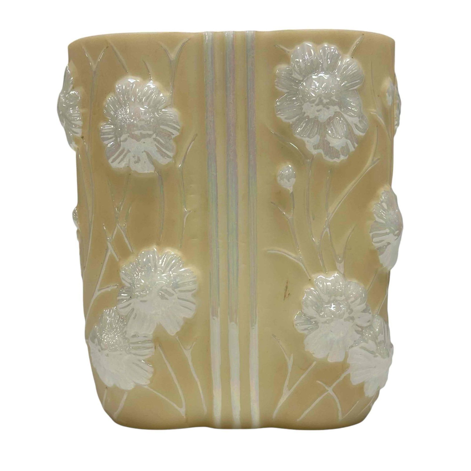 High Relief Floral Cameo Art Glass Vase: Flat formed floral art glass vase. Pencil signature appears on bottom Hans Hempel. Measuring approx 7.5" tall x 6.5" wide x 3.5" deep. Good, light wear, no cracks as shown, see photos