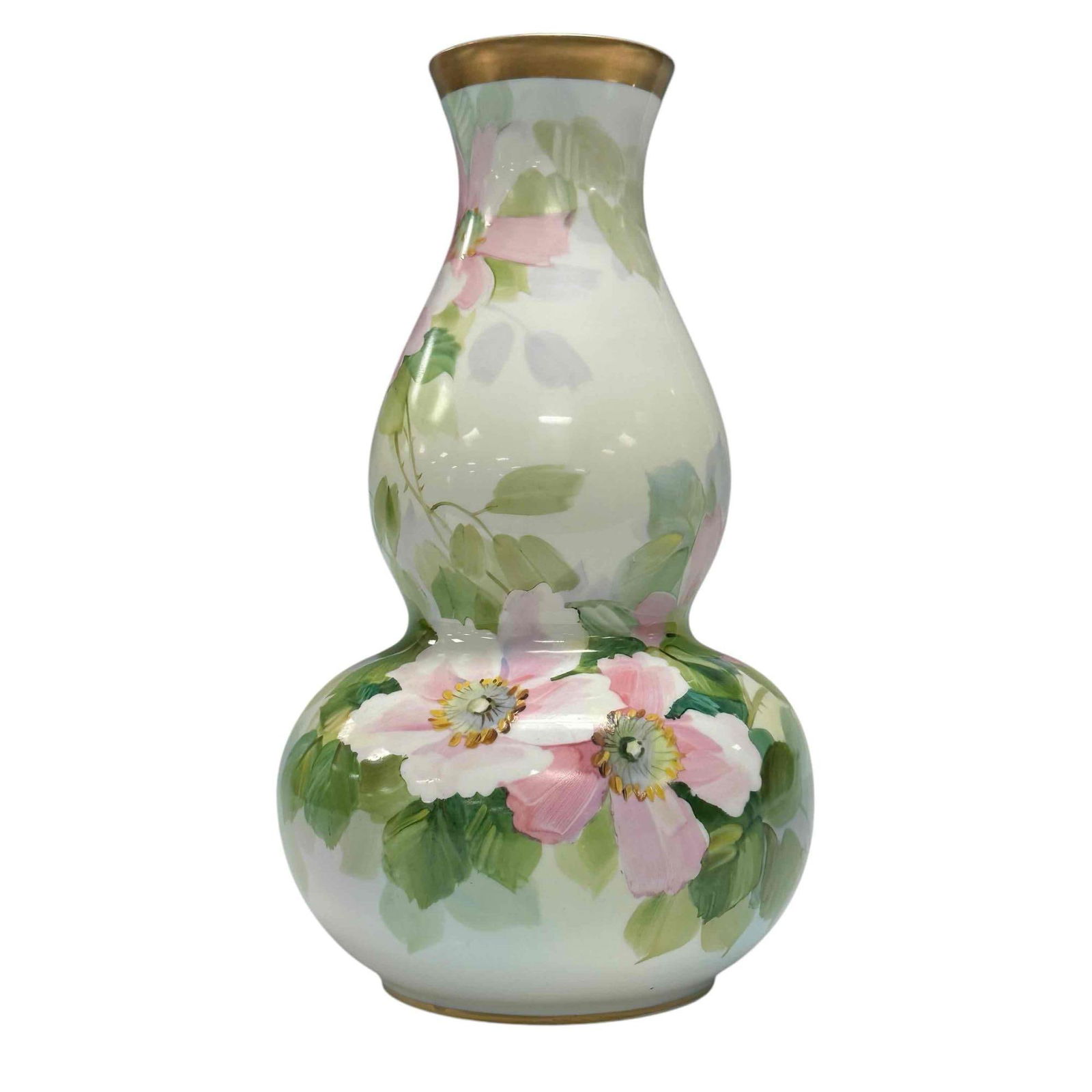 Floral Hand Painted Nippon Gourd Body Vase: Hand painted porcelain vase with pink and white floral motif. Measuring approx 9.5" tall. Good condition overall as shown, see photos