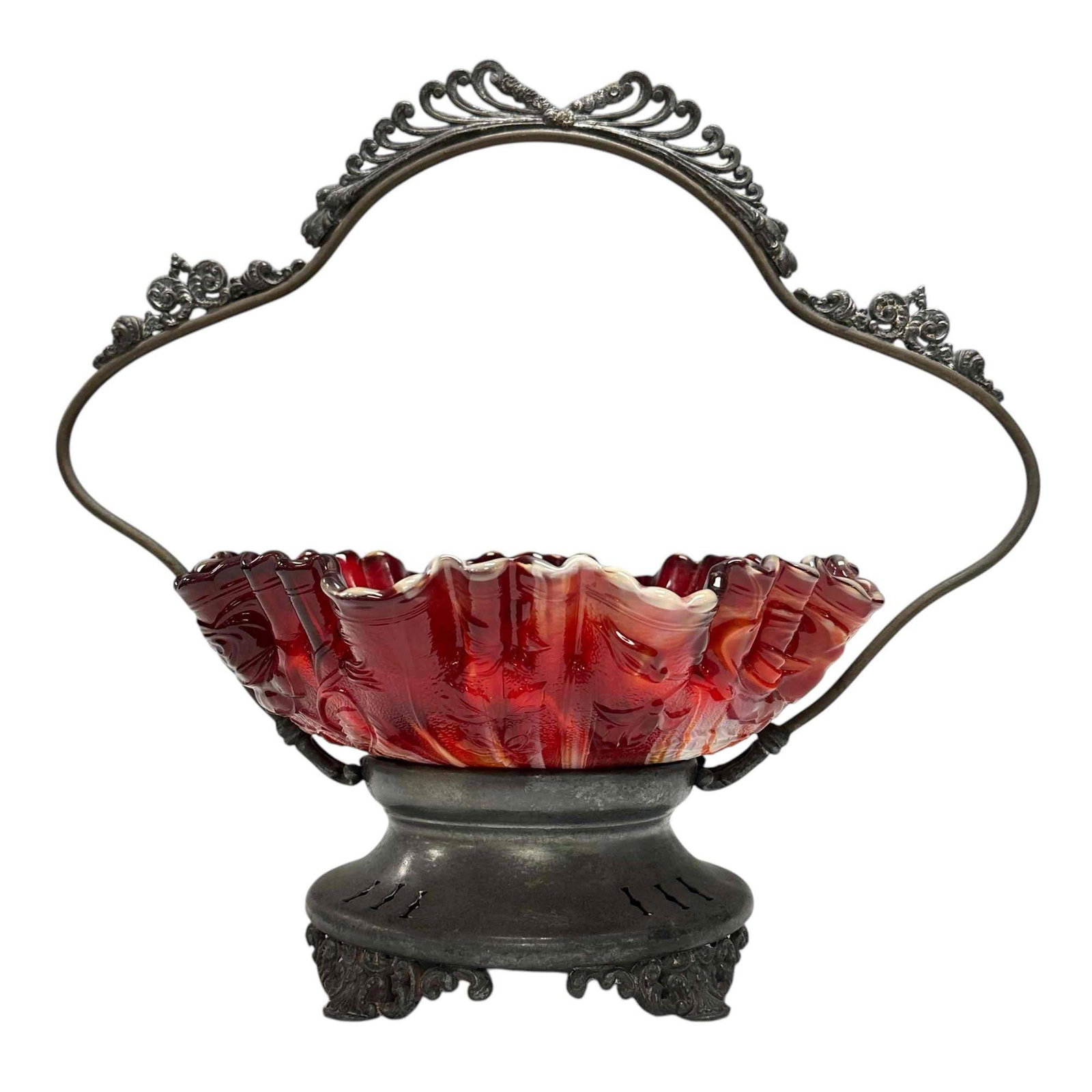 Victorian Frame with Art Glass Basket: Ornate silver plated Victorian bent wire footed frame with slag Arko glass basket. Measuring approx 12" tall x 12" wide. Light use and wear as shown, see photos
