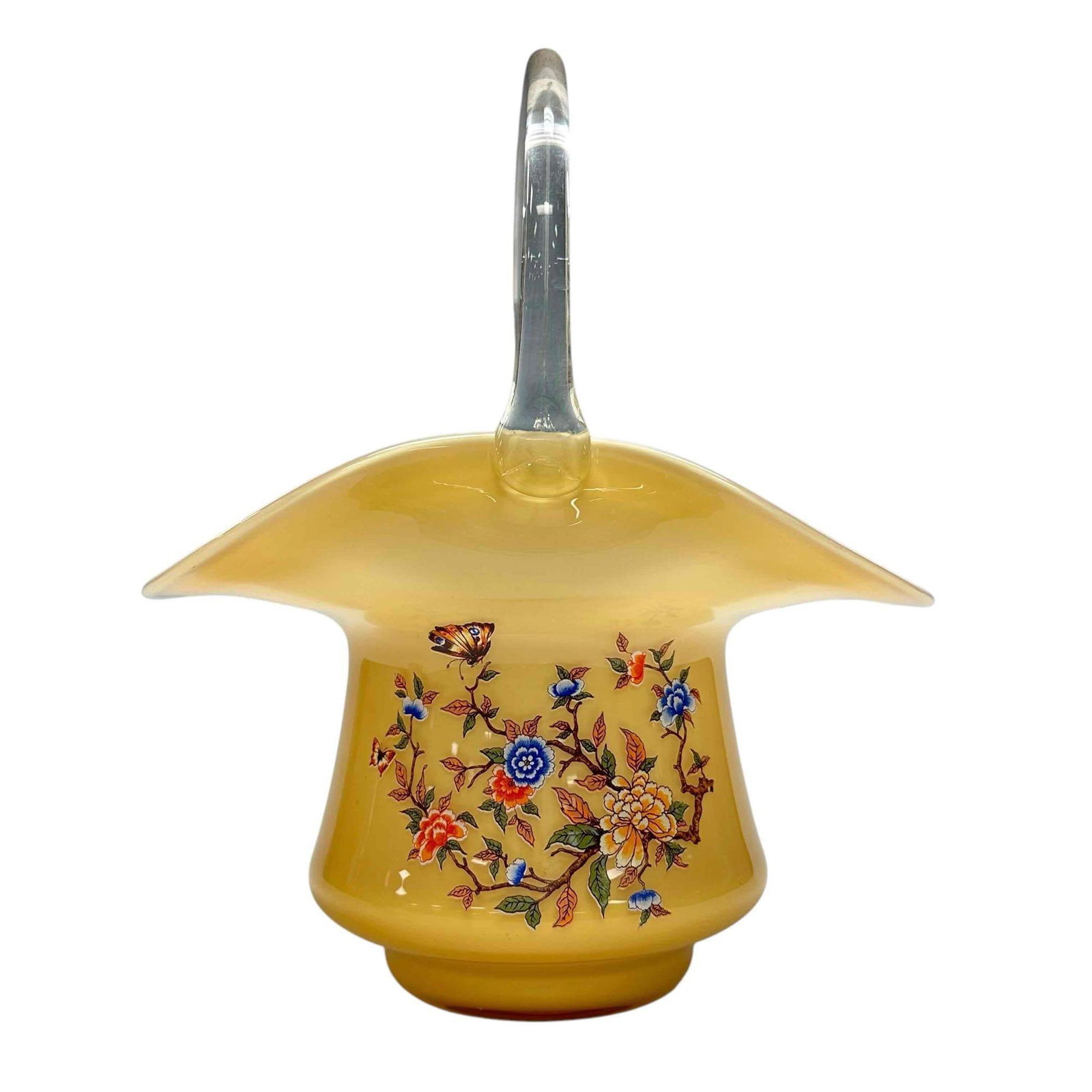 Amber Cased Art Glass Basket with Floral Motif: Floral, tree and butterfly motif. Measuring approx 10.5" tall overall to top of handle. No issues, See photos