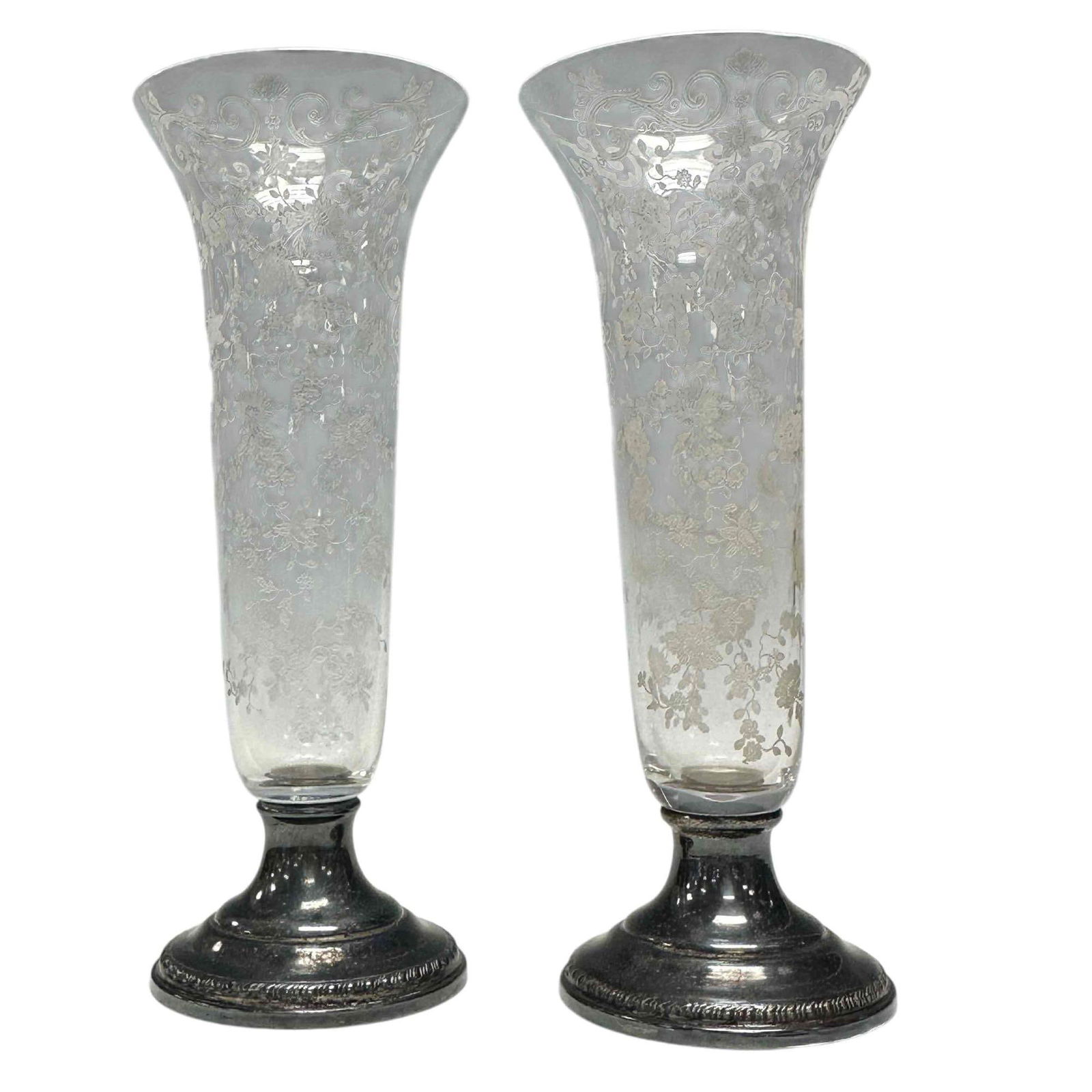 Pair of Sterling Silver Etched Hurricane Vases (1 of 13)
