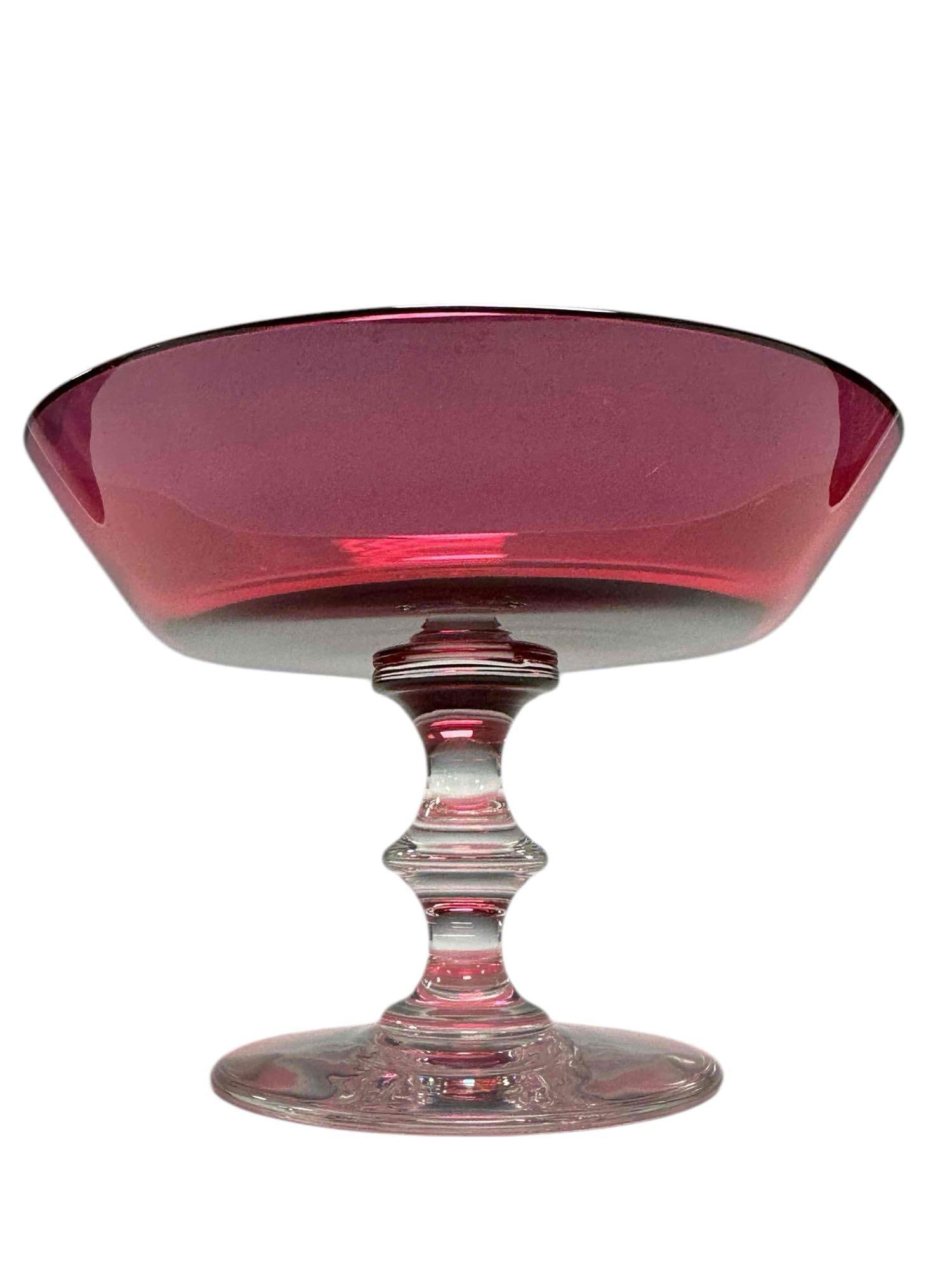 Val St Lambert Cranberry and Clear Compote: Measuring approx 6" tall x 8.5" diameter. Good condition as shown, no issues, see photos