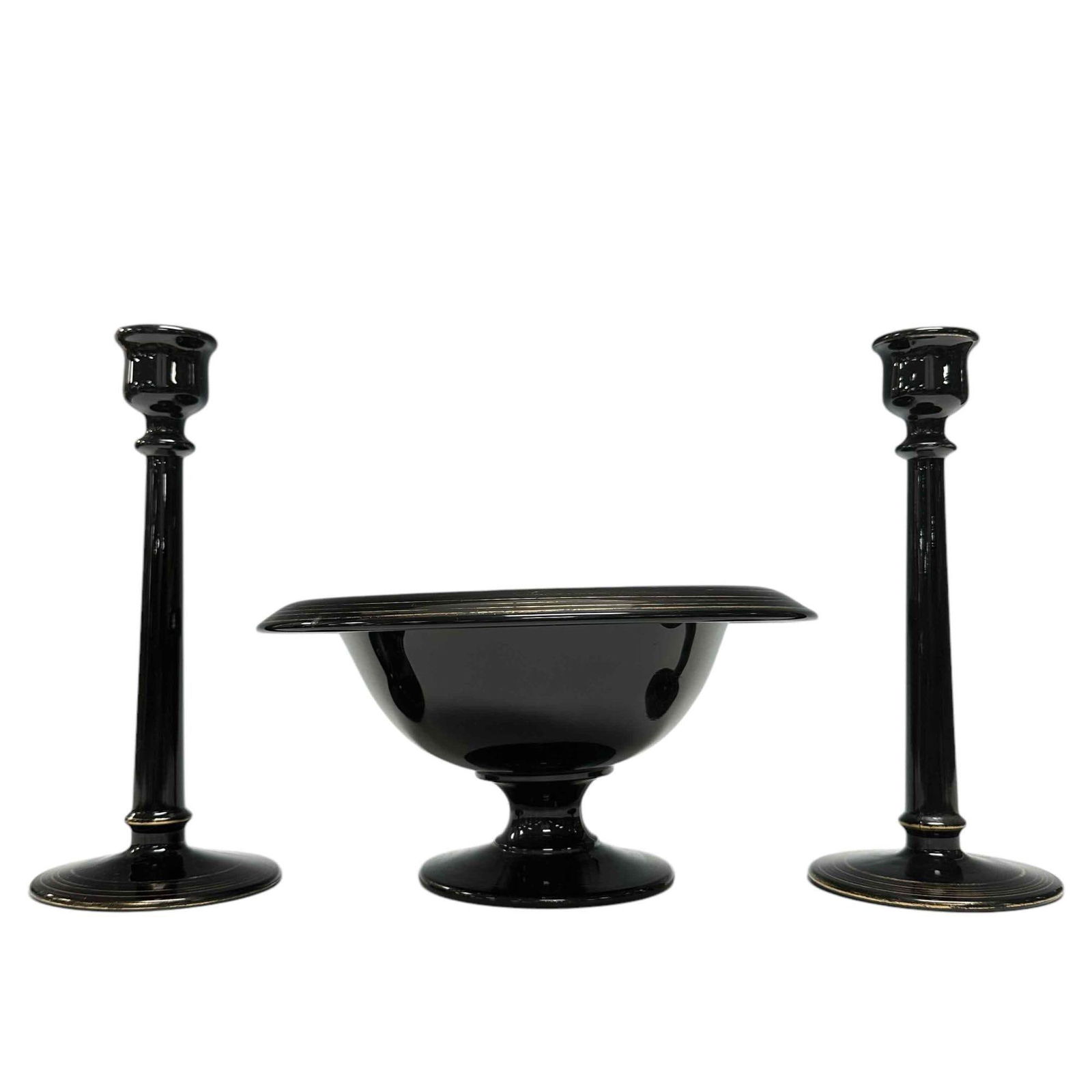 Art Deco Vintage Black 3pc Console Bowl Set w Candle Sticks (1 of 10)