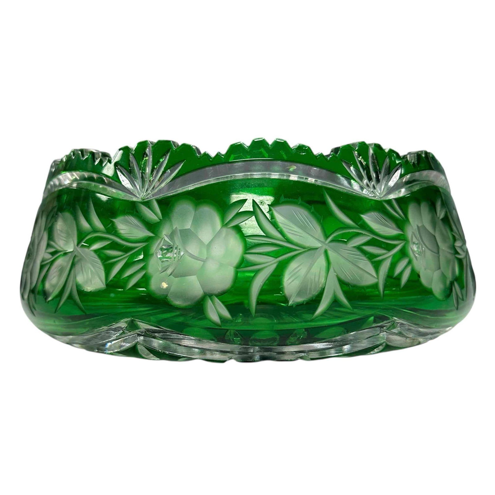 Emerald Green cut to Clear Art Glass Bowl: A fine Bohemian Czech art glass bowl. Measuring approx 4" tall x 9" diameter. Two small interior rim chips, overall good condition as shown, see photos