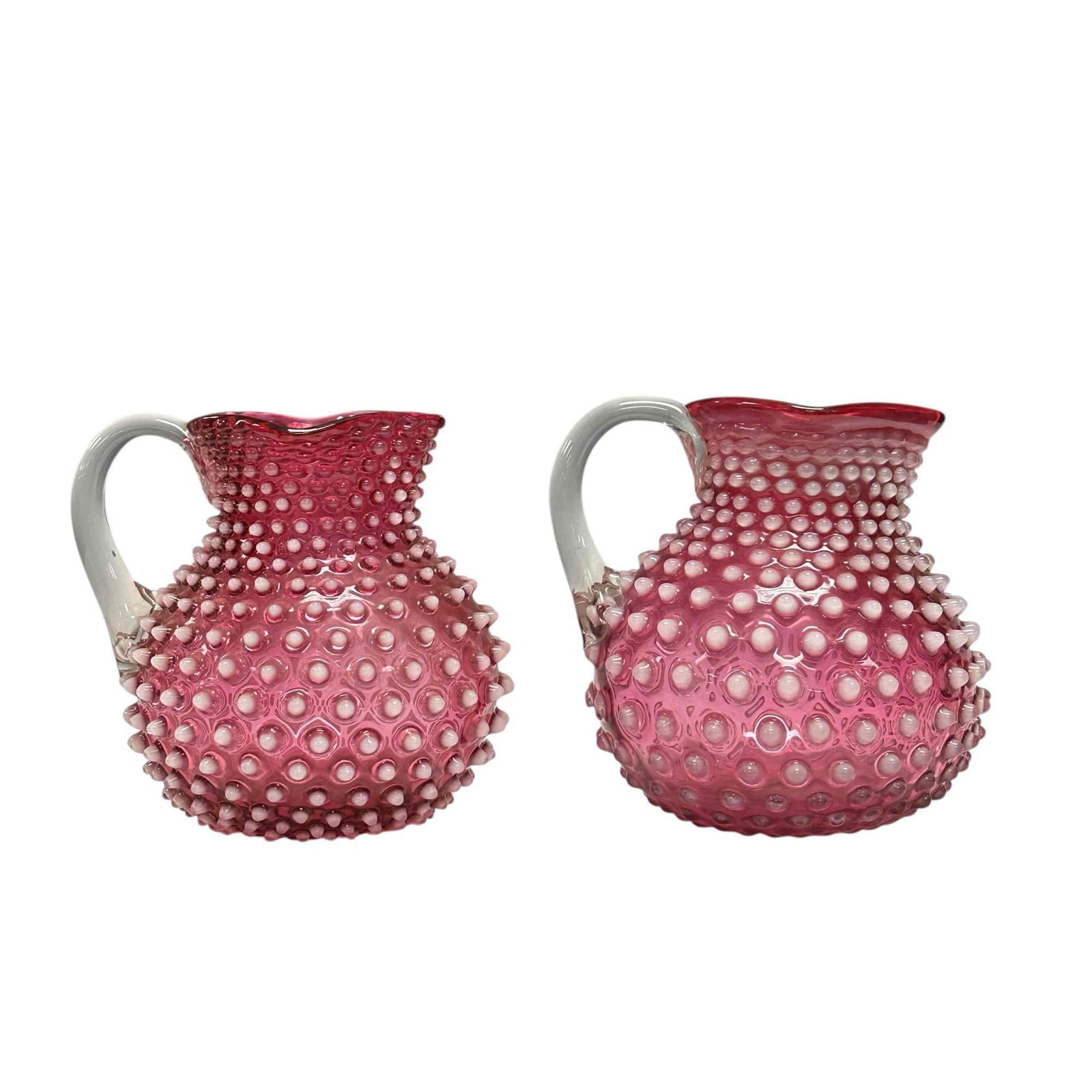 Pair of Fenton-Hobnail Opalescent pictures: Pair of Fenton Hobnail opalescent cranberry dewdrop pictures. Unmarked possibly Hobbs Brockunier. 8" tall.