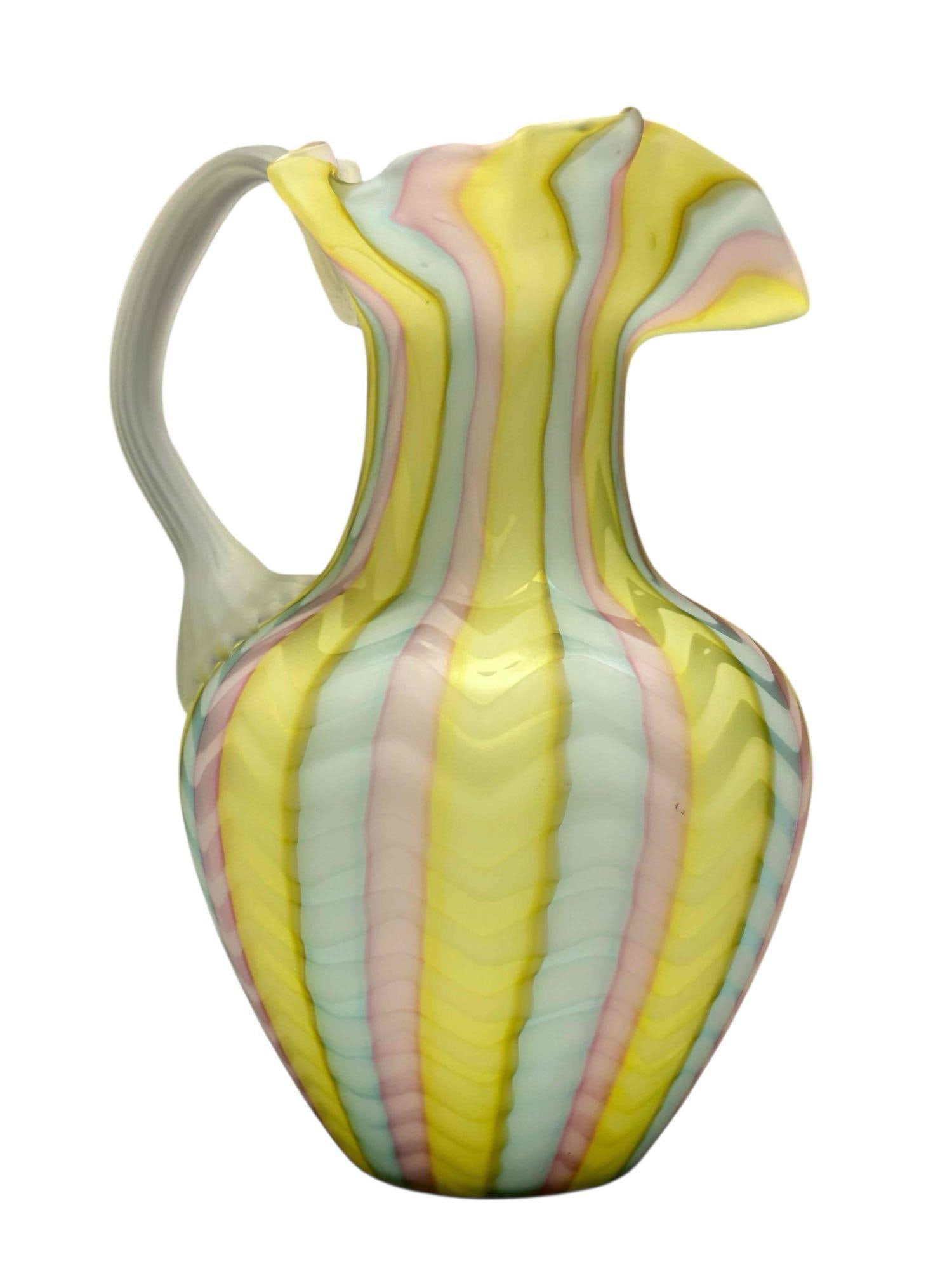 Murano Satin Glass Rainbow Herringbone Pitcher: Measuring approx 9" tall. Good condition, no issues as shown, see photos