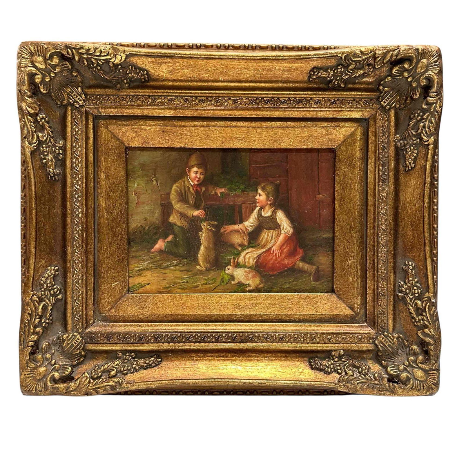 Whimsical Oil on Board of Young Children with Bunny Rabbits: Wonderful subject with two young children seated playing with rabbits. Measuring approx 13" wide x 11" h overall. Unsigned, good condition as shown. 20th century