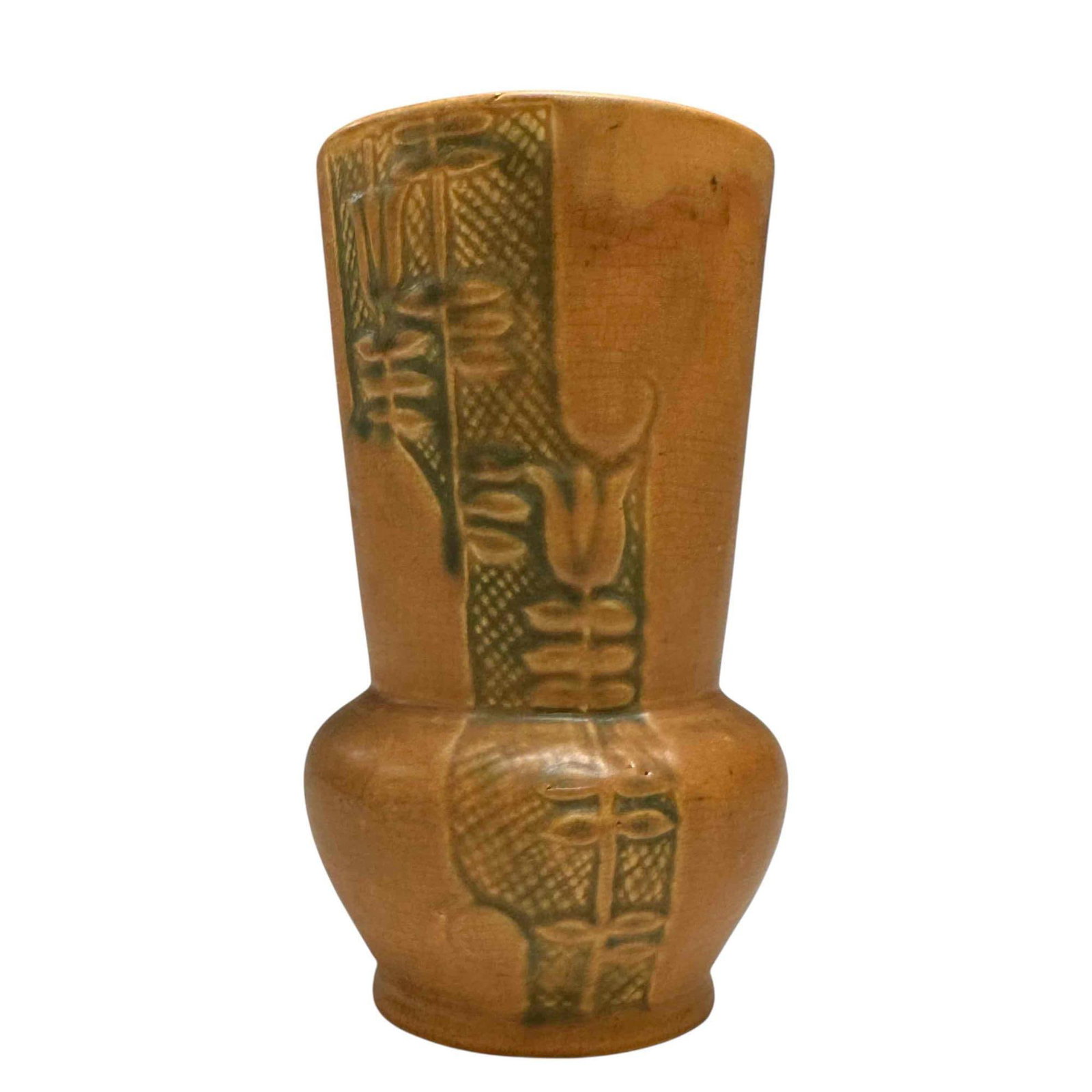 Weller Breton American Pottery Vase: Art deco patterned, matte finish and measuring approx 8" tall. Light use and wear as shown, overall good, see photos