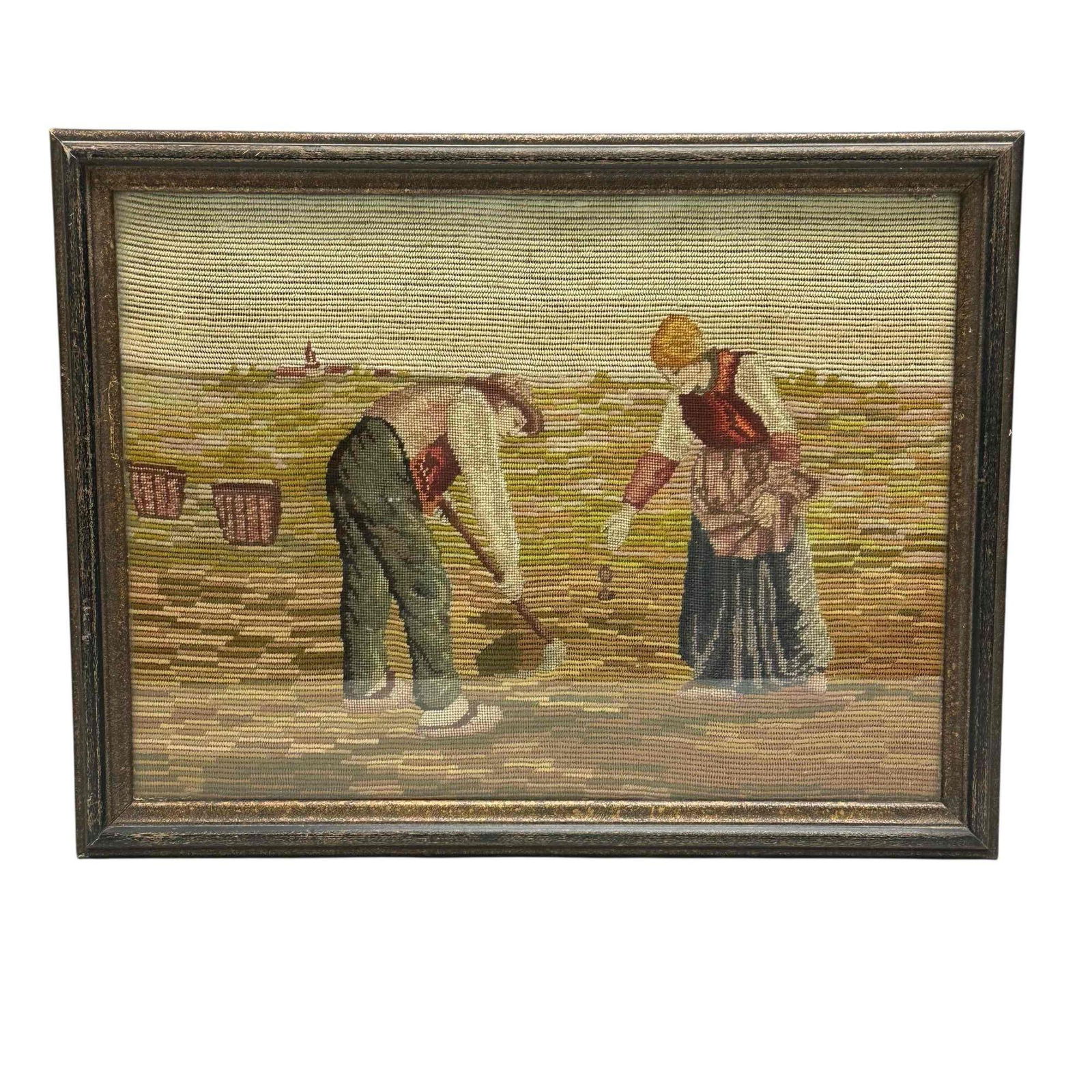 Antique Needlework Framed Stitching of Farmers (1 of 12)