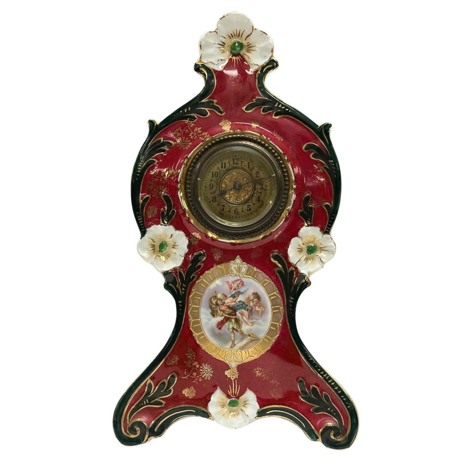 Royal Vienna Style Porcelain Clock: Measuring Approx 11" tall x 5.5" wide. Winds up, not tested, see photos