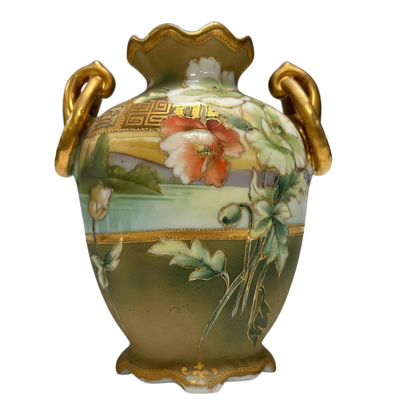 Japanese Hand Painted and Gilt Nippon Vase: Porcelain with double hoop handles and gilt work throughout the hand painted floral exterior as shown. Measuring approx 7" tall, good condition, light use and wear, see photos