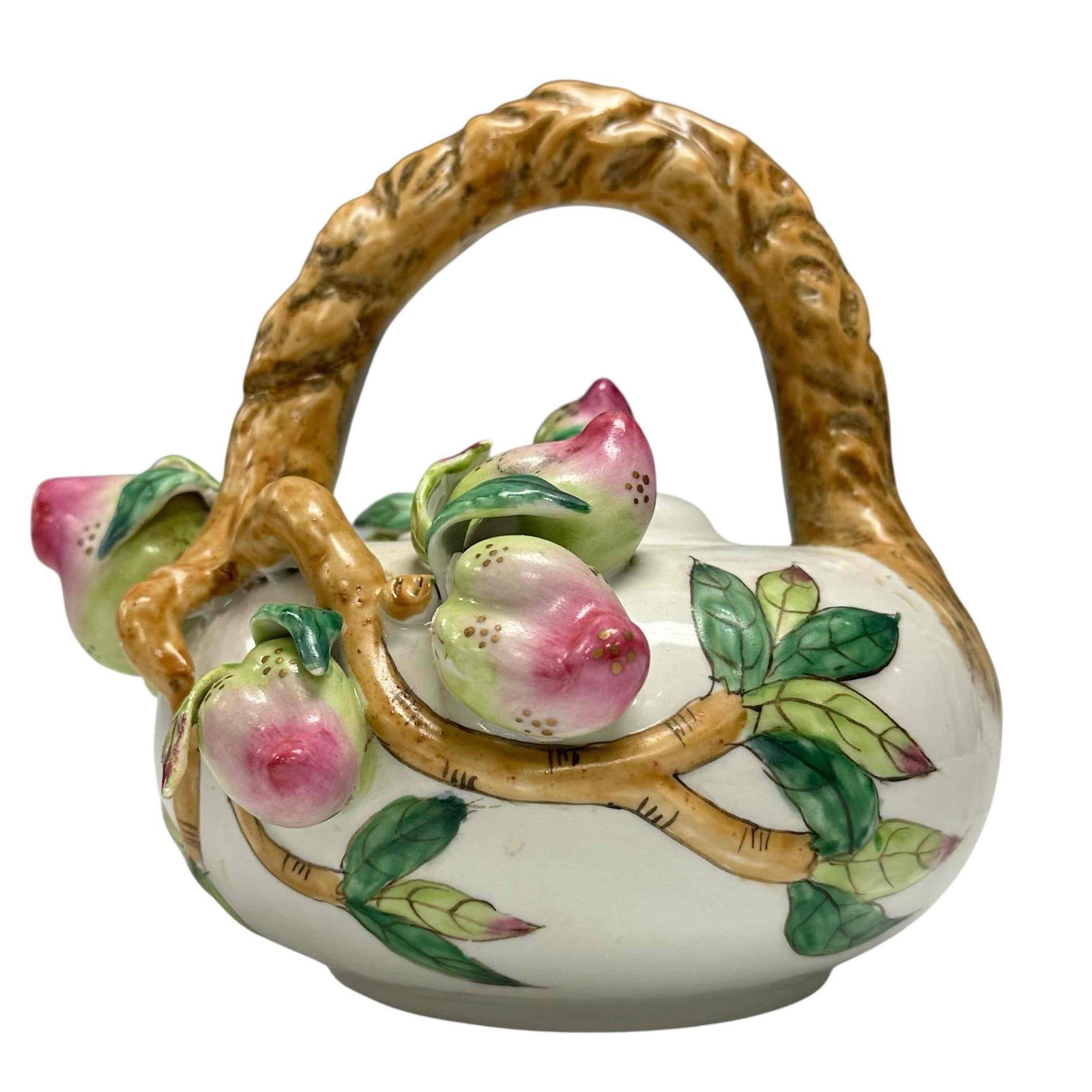 High Relief Strawberry Teapot with Lid: A fun and unique designed unmarked porcelain tea pot with twig handle and blooming strawberries as shown. Approx 8" tall
