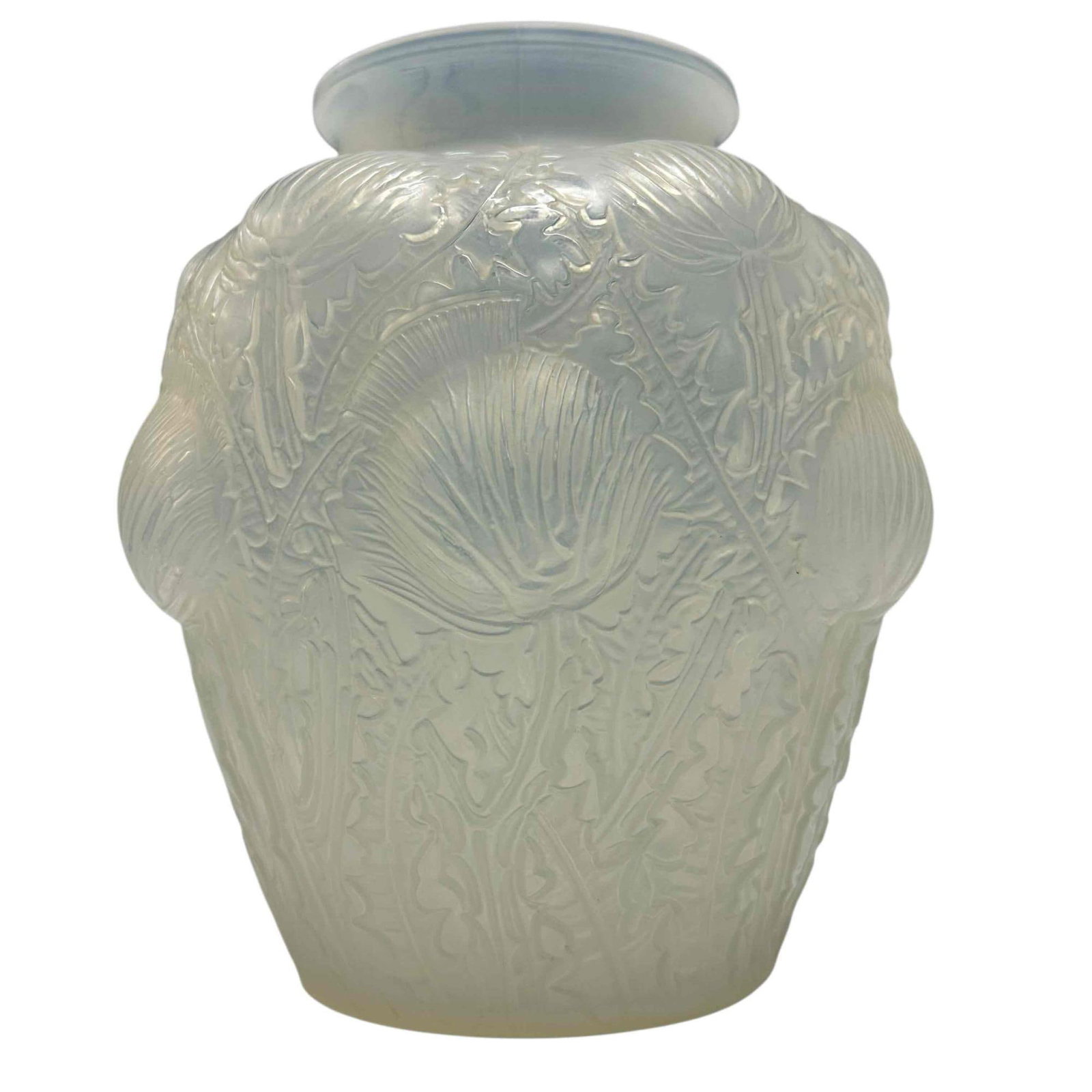 after Rene Lalique "Domremy" Vase: A fine and decorative vase modeled after the elegant Rene Lalique "Domremy" vase, in frosted glass, decorated with thistle and branches. Measuring approx 8.5" tall x 4" opening top. Good condition as 